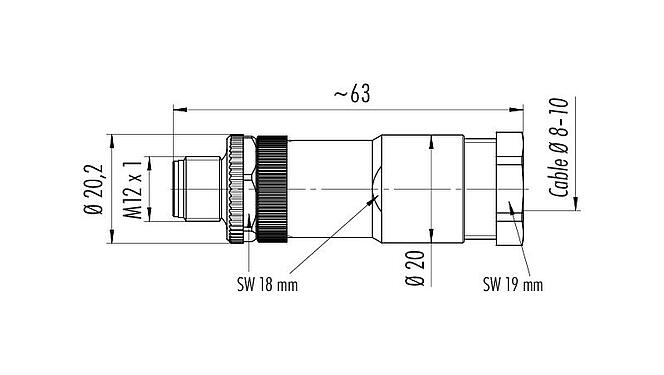 Desenho da escala 99 0629 19 04 - M12 Plugue de cabo, Contatos: 4, 8,0-10,0 mm, desprotegido, pinça de parafuso, IP67, UL, VDE