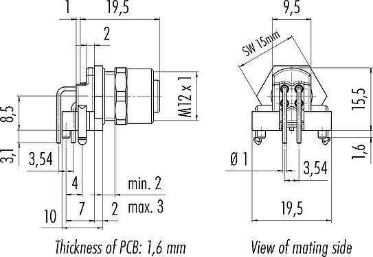 Scale drawing M12 Male angled panel mount connector, Contacts: 4, unshielded, THR, IP68, UL 2238, Front mounting, for PCB assembly, two-part design