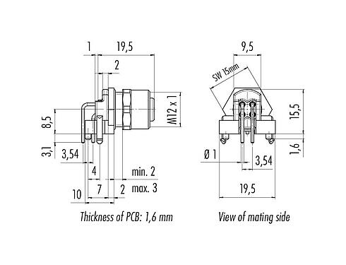 Desenho da escala 99 3432 202 04 - M12 Bujão flangeado, angular, Contatos: 4, desprotegido, THR, IP68, UL, para montagem de placas de circuito impresso, modelo de duas peças