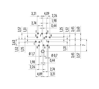 Leiterplattenlayout 09 0131 290 12 - M16 Flanschstecker, Polzahl: 12 (12-a), schirmbar, THT, IP67, UL, von vorne verschraubbar