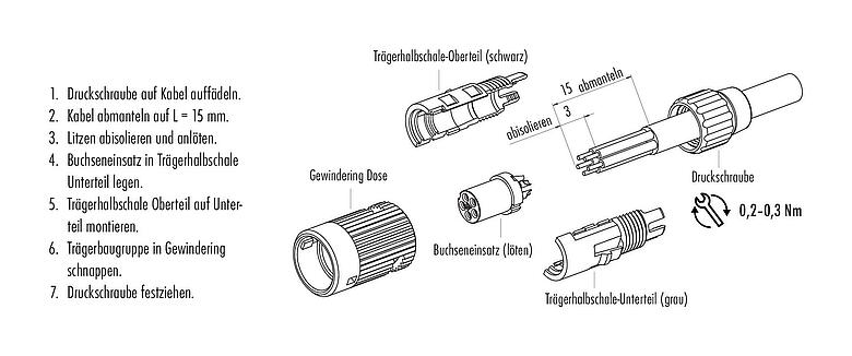 Montageanleitung Bajonett Kabeldose, Polzahl: 4, 3,0-4,0 mm, ungeschirmt, löten, IP40