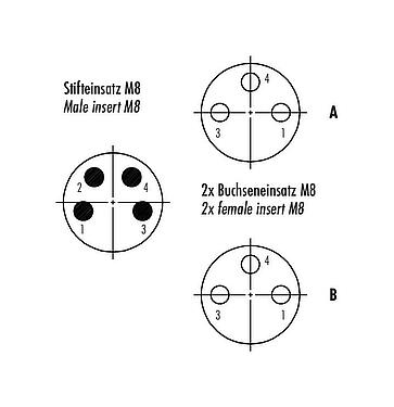 Contact arrangement (Plug-in side) M8 Twin distributors Y-distributor, male connector - 2 female connector, Contacts: 4/3, unshielded, pluggable, IP68, UL 2238
