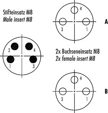 Disposition des contacts (Côté plug-in) M8 Répartiteur double, Y-distributeur, mâle - 2 femelle, Contacts: 4/3, non blindé, enfichable, IP67, UL 2238