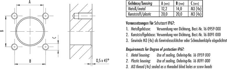 Assembly instructions / Panel cut-out M12 Square male panel mount connector, Contacts: 8, unshielded, single wires, IP69k, IP68, IP67, UL 2238, M3 (4x), Front mounting, Square housing 20 mm, Positionable coding alignment