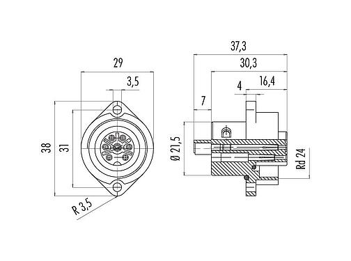 Schaaltekening RD24 Female panel mount connector, aantal polen: 6+PE, onafgeschermd, schroefklem, IP67, UL, ESTI+, VDE, Frontaansluiting