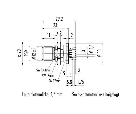 Maßzeichnung M12 Flanschstecker, Polzahl: 5, schirmbar, THT, IP68, UL 2238, PG 9, Rückwandmontage, vergossen