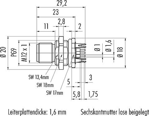 Maßzeichnung M12 Flanschstecker, Polzahl: 5, schirmbar, THT, IP68, UL 2238, PG 9, Rückwandmontage, vergossen