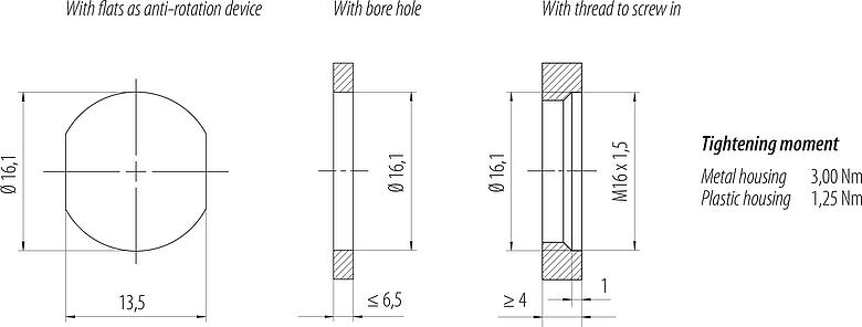 Muestra de montaje M12 Enchufe de brida, Número de contactos: 5, sin blindaje, hilos, IP68, UL 2238, M16x1,5, Montaje en pared