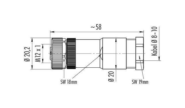 Maßzeichnung 99 0430 19 04 - M12 Kabeldose, Polzahl: 4, 8,0-10,0 mm, ungeschirmt, schraubklemm, IP67, UL, VDE, PG 11, für die Spannungsversorgung (Power)