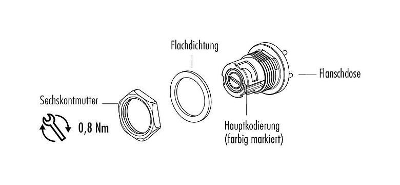 Einzelteildarstellung Bajonett Flanschdose, Polzahl: 5, ungeschirmt, löten, IP54 ungesteckt, M13x1,0, Rückwandmontage