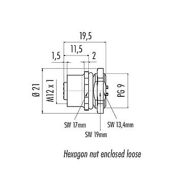 Dessin coté M12 Embase femelle, Contacts: 8, non blindé, souder, IP67, UL 2238, PG 9, Montage frontal