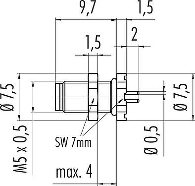 Schaaltekening M5 Male panel mount connector, aantal polen: 4, onafgeschermd, THT, IP67, UL 2238, M5x0,5, Achterwandmontage, gegoten