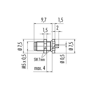 縮尺図 M5 オスパネルマウントコネクタ, 極数: 3, 非シールド, THT, IP67, M5x0.5, 背面パネルマウント, モールド成形