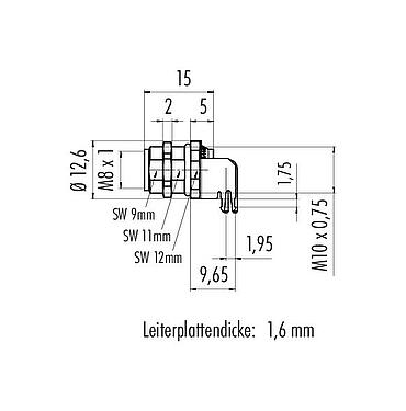 Maßzeichnung M8 Flanschdose, Polzahl: 6, schirmbar, THT, IP67, UL 2238, M10x0,75, Rückwandmontage