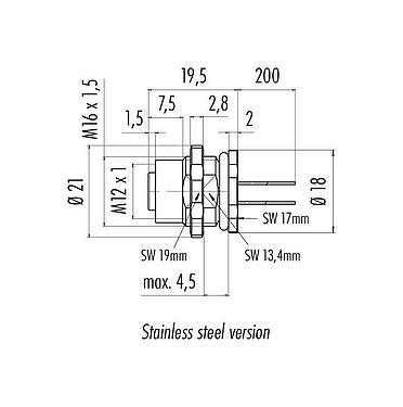 Disegno in scala 76 2632 1111 00005-0200 - M12 Connettore femmina a flangia, Numero poli: 5, non schermato, fili singoli, IP68, UL, M16x1,5, montaggio anteriore, Acciaio inox
