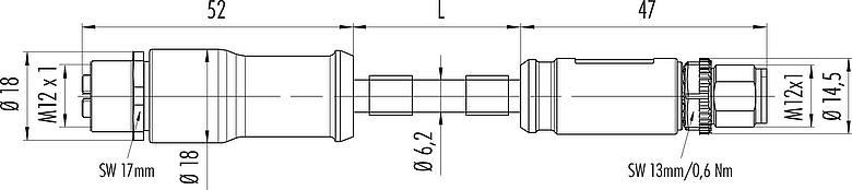 Dessin coté M12 Câble de raccordement connecteur mâle - connecteur femelle, Contacts: 8, blindé, surmoulé sur le câble, IP67, UL, PUR, vert, AWG 26/7, 10 m