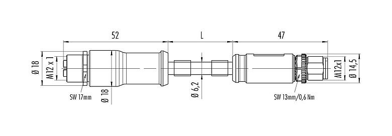 Scale drawing 79 9724 020 08 - M12/M12 Connecting cable male cable connector - female cable connector, Contacts: 8, shielded, moulded on the cable, IP67, UL, PUR, green, AWG 26/7, 2 m