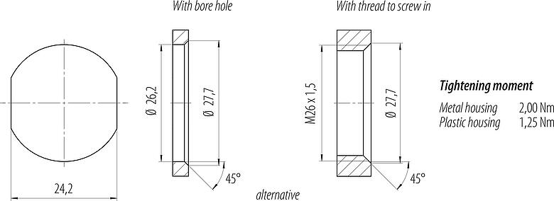 Montagevoorbeeld 7/8" Female panel mount connector, aantal polen: 4, onafgeschermd, draden, IP68, UL 2238, VDE, Frontaansluiting, gegoten