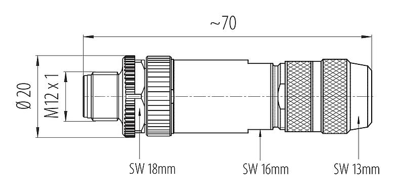 縮尺図 99 1527 814 04 - M12 オスコネクタケーブル, 極数: 4, 5.0-8.0mm, シールド可能, ワイヤークランプ, IP67, アイリスフェーダー