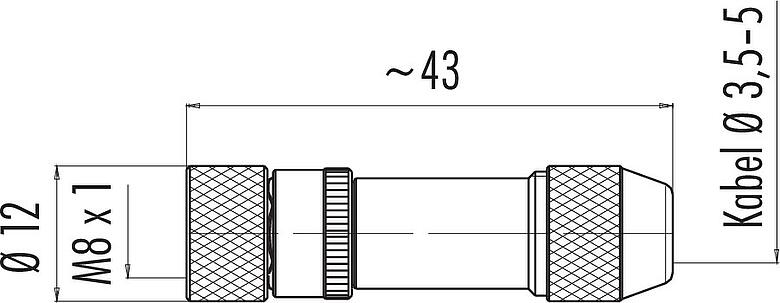 Maßzeichnung M8 Kabeldose, Polzahl: 4, 2,0-3,5 mm, schirmbar, löten, IP67