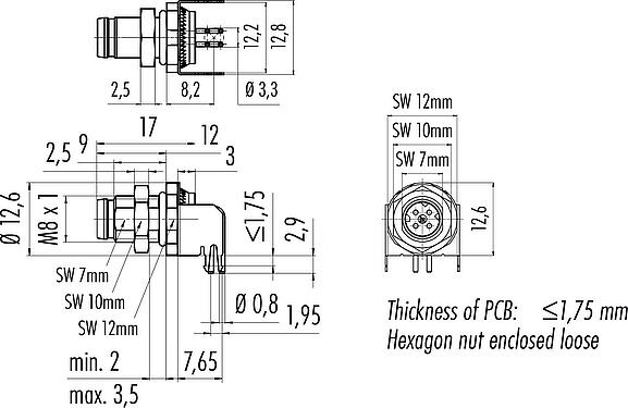 Scale drawing M8 Male angled panel mount connector, Contacts: 4, shieldable, THT, IP67, Rear mounting, potted