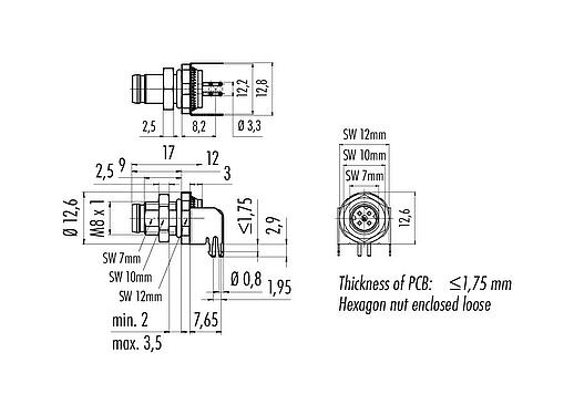 Bản vẽ tỷ lệ M8 Phích cắm gắn bảng, bẻ góc, Số lượng cực : 4, có thể che chắn, THT, IP67, Chốt trung tâm