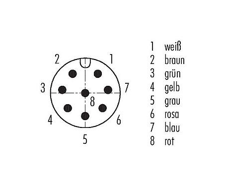 Polbild (Steckseite) M12 Vierkant-Flanschstecker, Polzahl: 8, ungeschirmt, Litzen, IP40, UL 2238, M3 (4x), Frontmontage