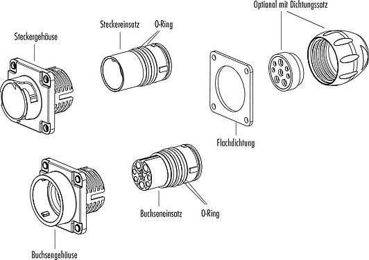 Einzelteildarstellung Bajonett Flanschdose, Polzahl: 4+3+PE, ungeschirmt, crimpen (Crimpkontakte müssen separat bestellt werden), IP68/IP69K, UL 2238, VDE, Frontmontage, UV-Beständig