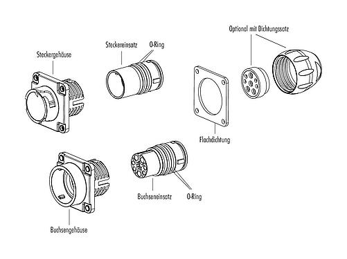 Einzelteildarstellung Bajonett Flanschstecker, Polzahl: 4+PE, ungeschirmt, crimpen (Crimpkontakte müssen separat bestellt werden), IP68/IP69K, UL 2238, VDE, Frontmontage