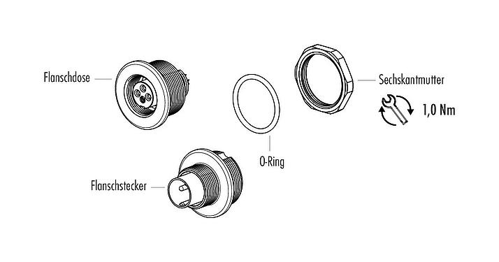 Einzelteildarstellung 09 0411 00 04 - M9 Flanschstecker, Polzahl: 4, ungeschirmt, löten, IP67, M12x0,5, Frontmontage