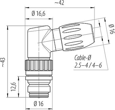 縮尺図 スナップイン メス アングルコネクタ, 極数: 5, 4.0-6.0mm, 非シールド, はんだ, IP67