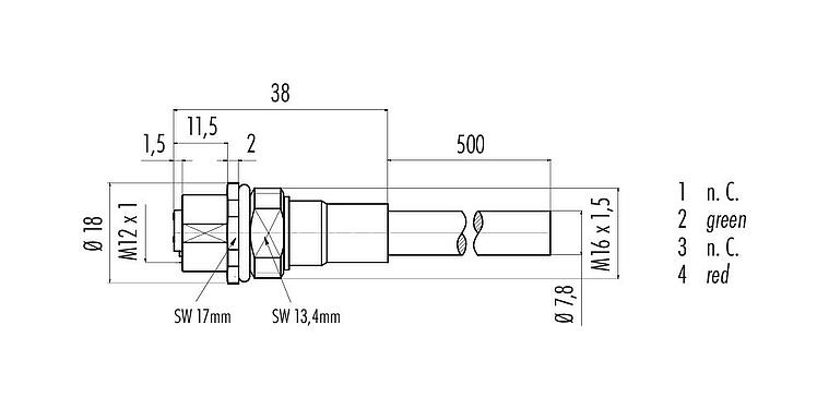 Dessin coté 70 4434 246 04 - M12 Embase femelle, Contacts: 2, blindé, assemblés avec câble, IP68, M16x1,5, Profibus, PUR, violet, 1 x 2 x 0,25 mm², Montage frontal, 0,5 m