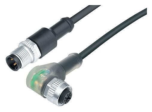 Illustration M12 Connecting cable male cable connector - female angled connector with LED, Contacts: 3, unshielded, moulded on the cable, IP68/IP69K, PUR, black, 3 x 0.34 mm², with LED PNP, 1 m