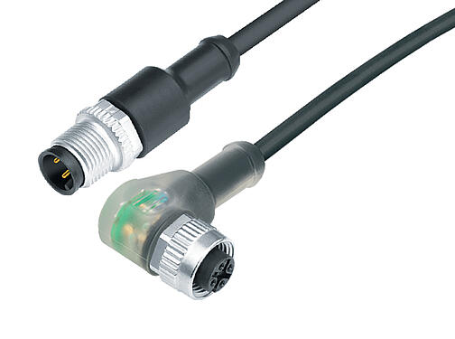 Illustration 77 3634 3429 50003-0200 - M12/M12 Connecting cable male cable connector - female angled connector with LED, Contacts: 3, unshielded, moulded on the cable, IP69K, PUR, black, 3 x 0.34 mm², with LED PNP, 2 m