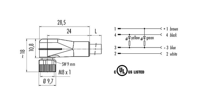 Dessin coté M8 Connecteur femelle coudé, Contacts: 4, non blindé, surmoulé sur le câble, IP67/IP69K, UL 2238, PVC, gris, 4 x 0,34 mm², avec LED, PNP, 5 m