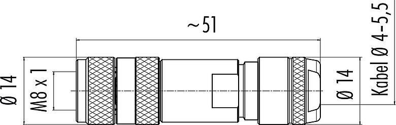 Maßzeichnung M8 Kabeldose, Polzahl: 4, 4,0-5,5 mm, schirmbar, schraubklemm, IP67, M8x1,0, Irisfeder