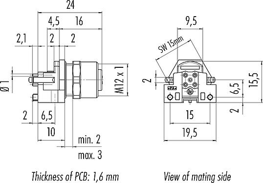 Dessin coté M12 Embase femelle, Contacts: 5, blindable, THR, IP68, UL 2238, M12x1,0, Montage frontal, pour assemblage PCB
