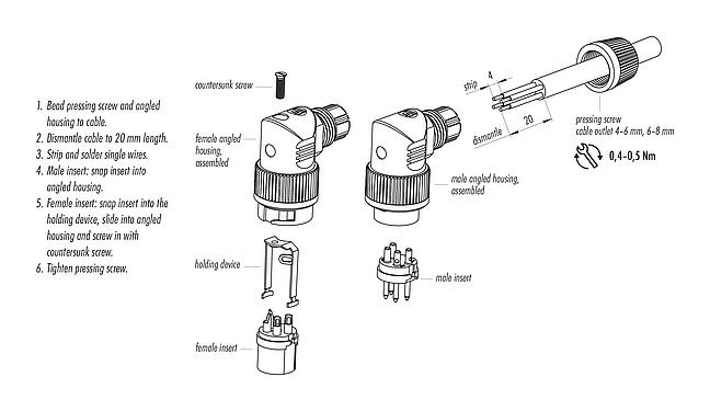 Montagehandleiding Bajonet Female haakse connector, aantal polen: 2, 4,0-6,0 mm, onafgeschermd, soldeer, IP40