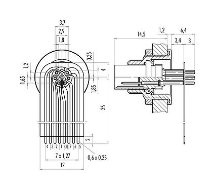 Connection & dimensions M9 Male panel mount connector, Contacts: 8, unshielded, THT, IP67, M12x0.5, Rear mounting, potted