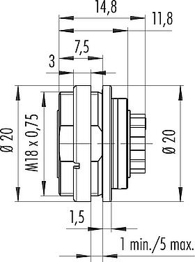 Scale drawing M16 Female panel mount connector, Contacts: 4 (04-a), unshielded, crimping (Crimp contacts must be ordered separately), IP67, UL 2238, M18x0,75, Rear mounting