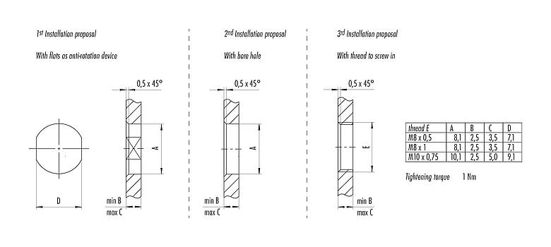 Instructions de montage / Découpe du panneau 76 6019 0111 00008-0200 - M8 Embase mâle, Contacts: 8, non blindé, fils, IP67/IP69K, UL 2238, M8x0,5