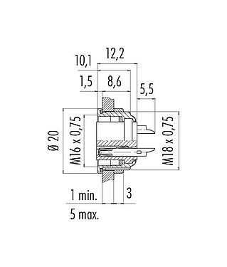 Schaaltekening M16 Female panel mount connector, aantal polen: 3 (03-a), onafgeschermd, soldeer, IP67, UL 2238, M18x0,75, Frontaansluiting