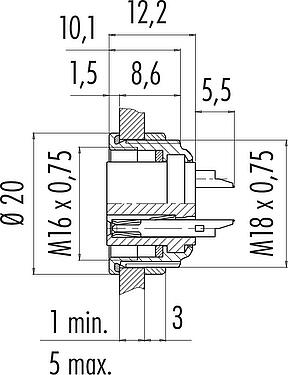 Scale drawing M16 Female panel mount connector, Contacts: 4 (04-a), unshielded, solder, IP67, UL 2238, M18x0,75, Front mounting