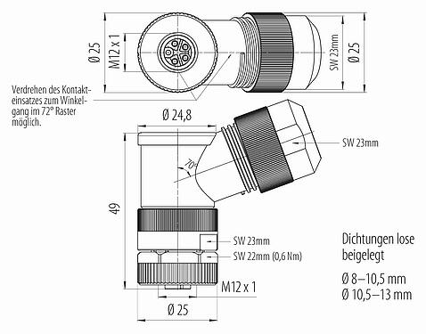 Maßzeichnung M12 Winkeldose, Polzahl: 4+PE, 8,0-13,0 mm, ungeschirmt, schraubklemm, IP67, UL 2237 in Vorbereitung, mit PE Anbindung