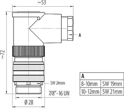 Dessin coté 7/8" Connecteur mâle coudé, Contacts: 4+PE, 10,0-12,0 mm, non blindé, pince à visser, IP67, UL 2238, VDE