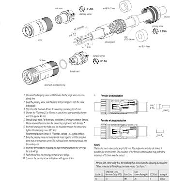 Assembly instructions Bayonet Female cable connector, Contacts: 6 (3+PE+2), 7.0-14.0 mm, unshielded, screw clamp, IP67 plugged and locked, UL 2237