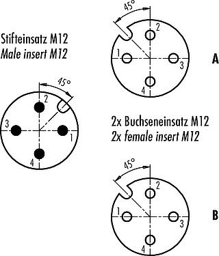 Contact arrangement (Plug-in side) M12 Twin distributors, Y-distributor, male connector - 2 female connector, Contacts: 4, unshielded, pluggable, IP68, UL 2238
