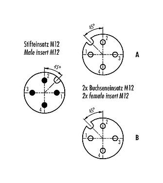 Contactconfiguratie (Insteekbereik) M12 Tweevoudige verdeler, Y-verdeler, stekker - 2 female, aantal polen: 4, onafgeschermd, stekerbaar, IP68, UL 2238