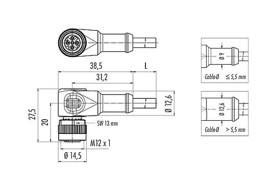 Dibujo a escala M12 Conector hembra en ángulo, Número de contactos: 4, sin blindaje, moldeado en el cable, IP68/IP69K, UL 2238, PVC, gris, 4 x 0,34 mm², 5 m