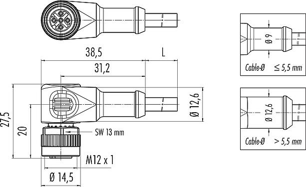 Scale drawing M12 Female angled connector, Contacts: 8, shielded, moulded on the cable, IP67, PUR, black, 7 x 0.25 mm², 2 m